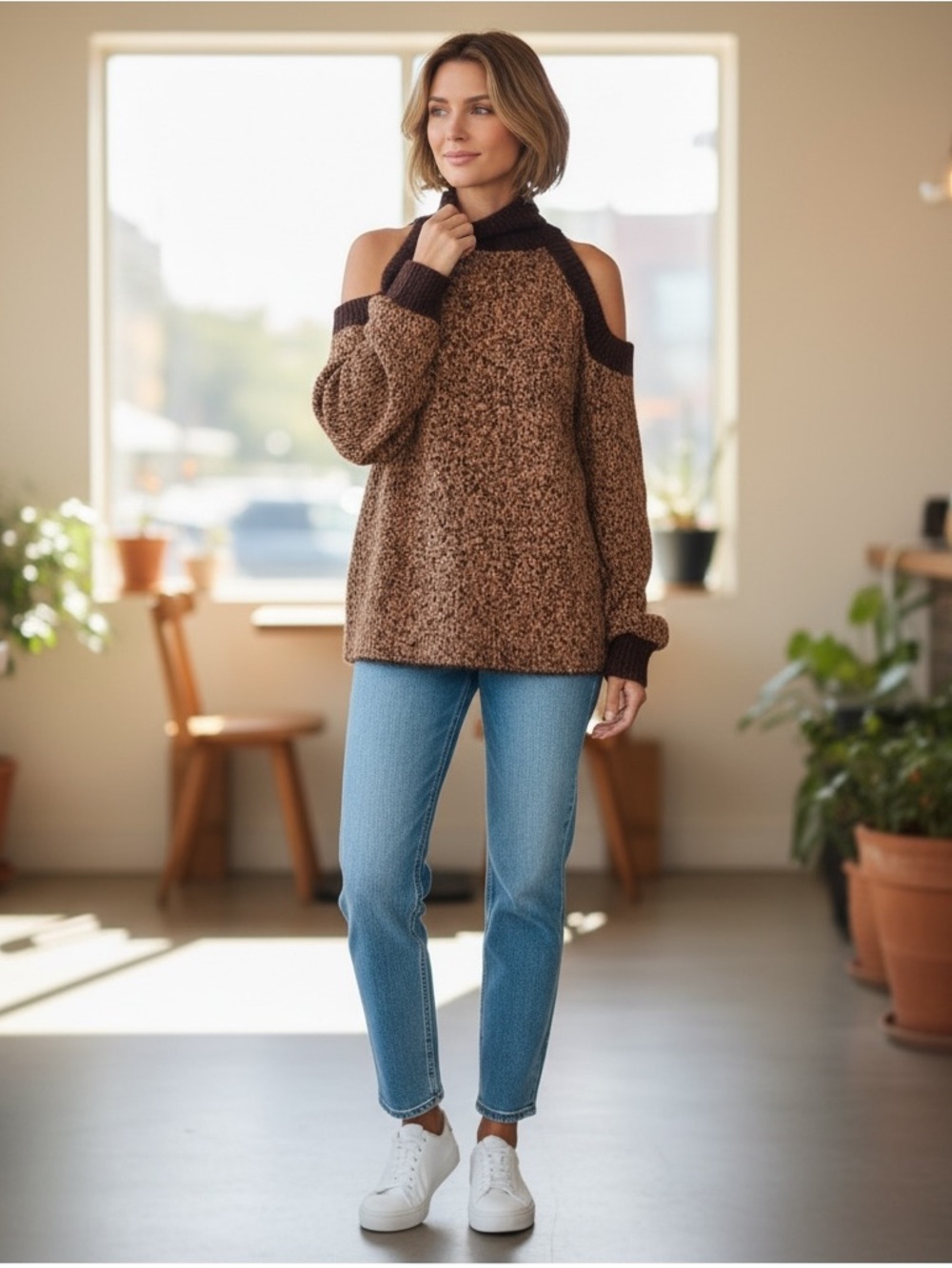 POL Tan & Brown Small Leopard Print Mock Turtleneck Cold Shoulder Sweater!